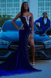 Charming V-Neck Velvet Mermaid Prom Dress Beadings Side Slit Party Dress
